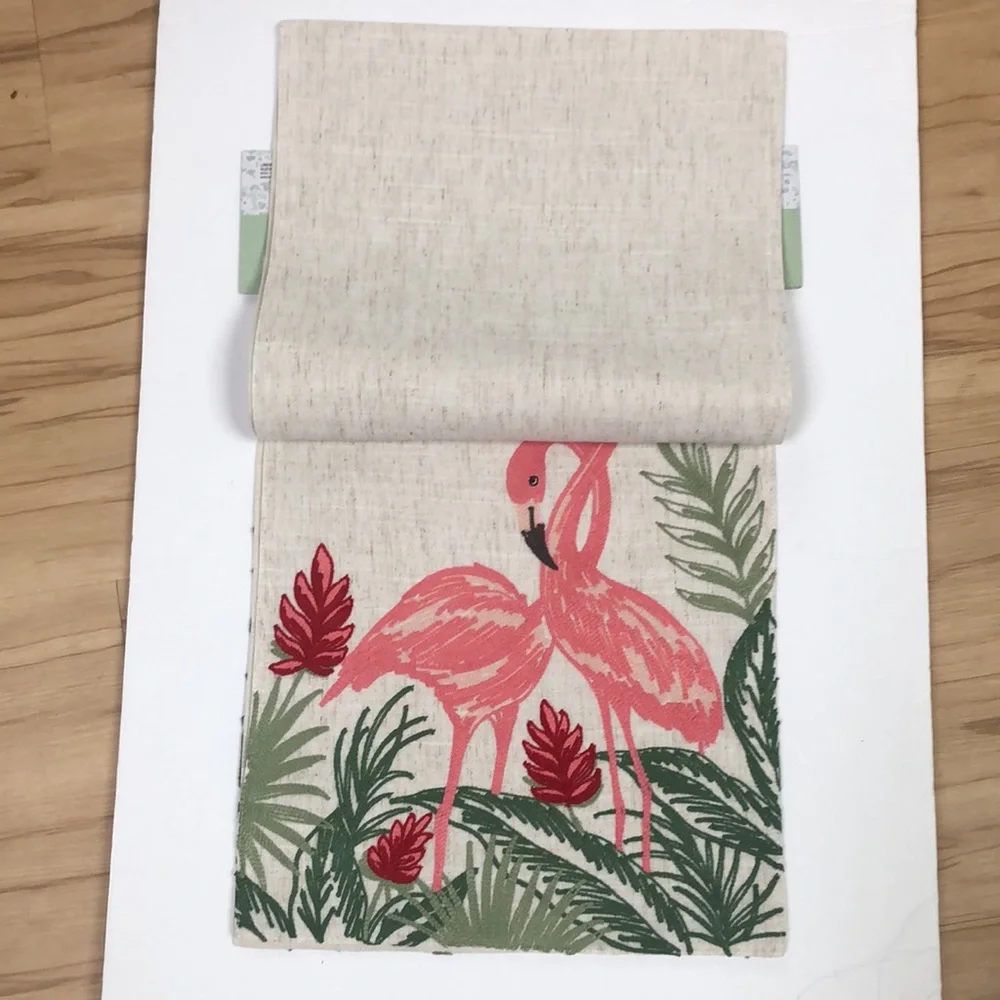 Pink Flamingos Tropical Ferns Beach Embroidered Neutral Linen Table Runner‎ NWT